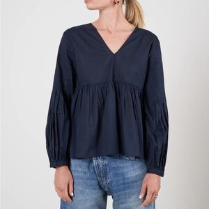 Pure Cotton Made In Portugal Dark Blue Pleated V Neck Blouse size L Coastal